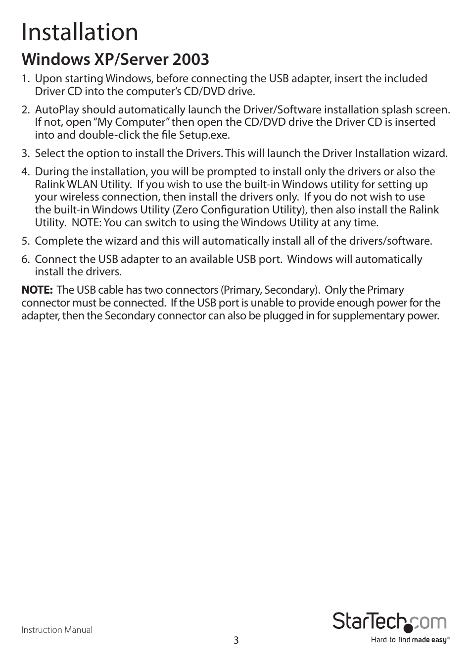 Installation, Windows xp/server 2003 | StarTech.com USB300WN2X2D User Manual | Page 6 / 18