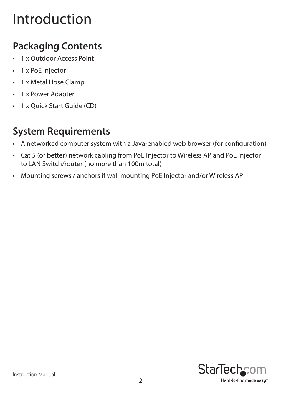 Introduction, Packaging contents, System requirements | StarTech.com AP150WN1X1OG User Manual | Page 6 / 25