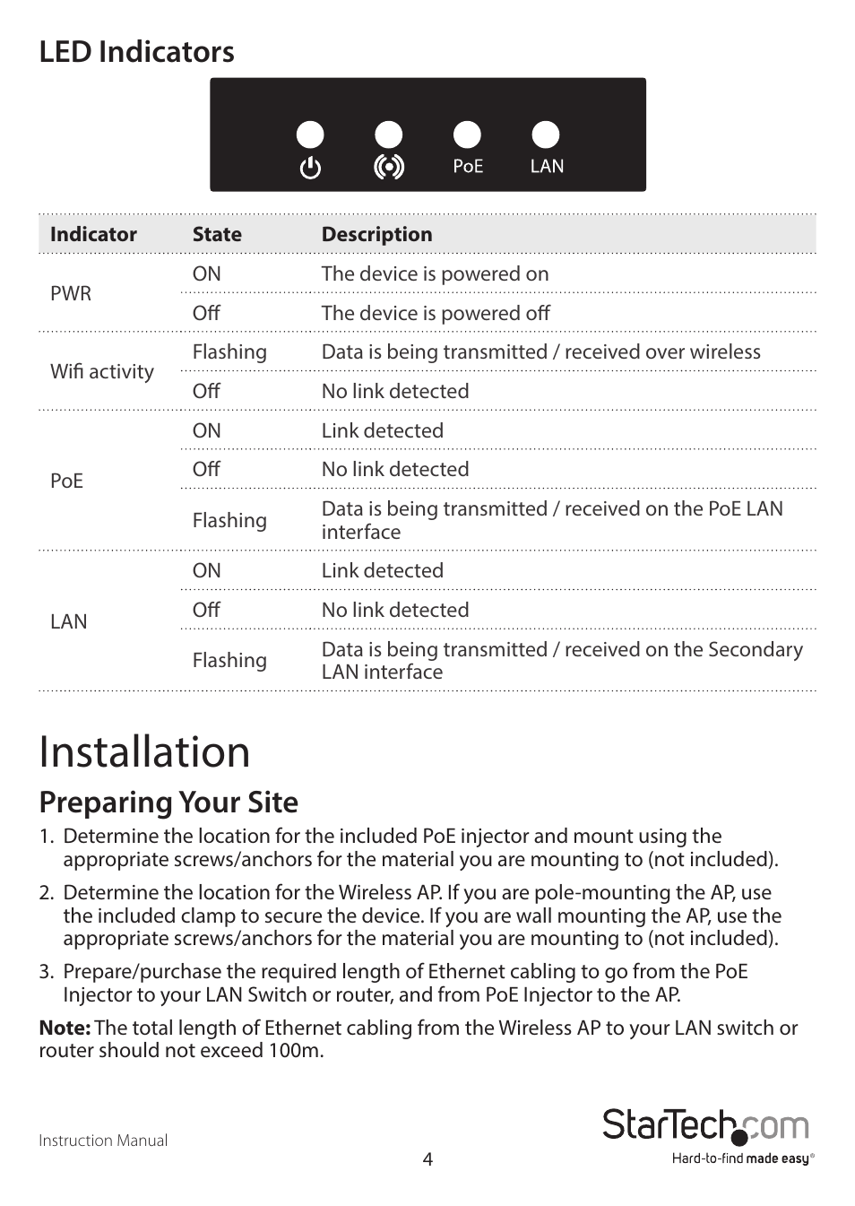 Installation, Led indicators, Preparing your site | StarTech.com AP150WN1X1OG User Manual | Page 8 / 25