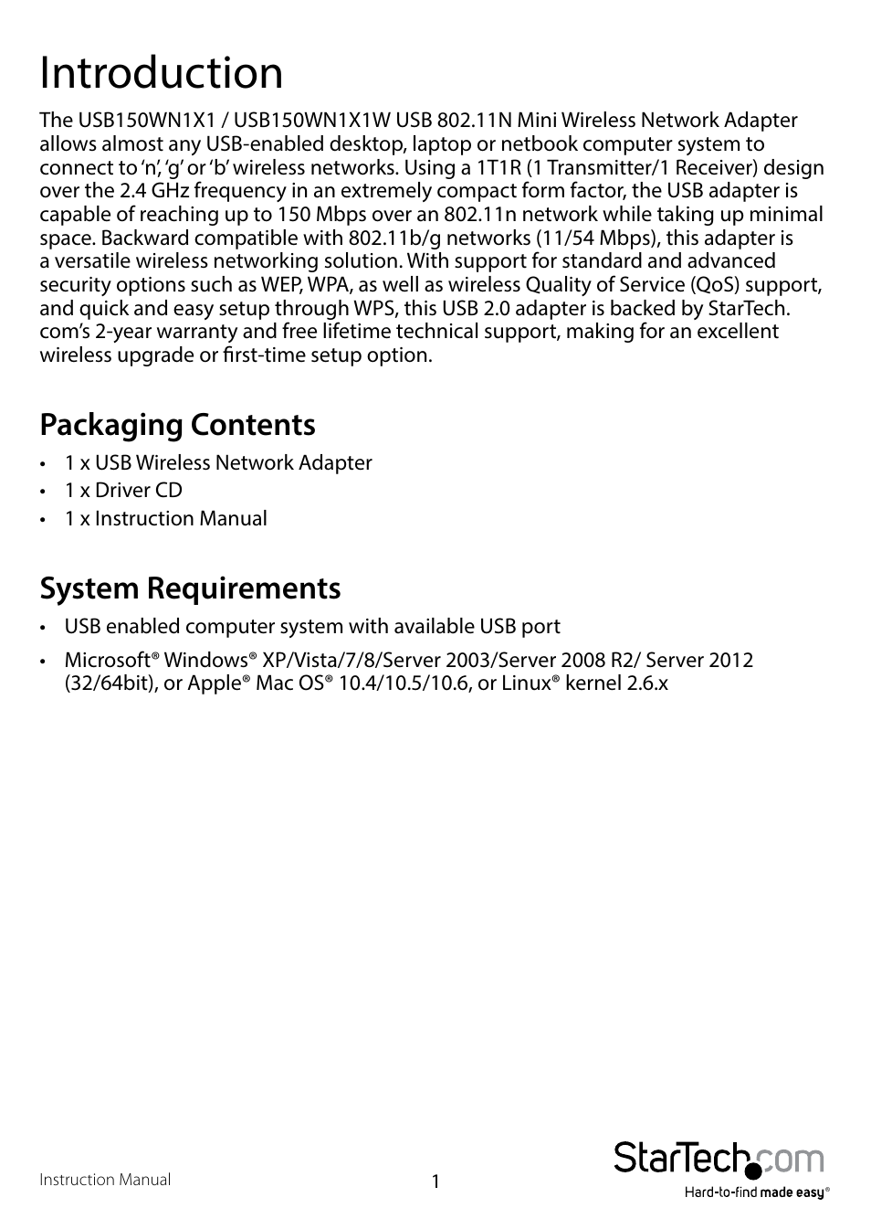 Introduction, Packaging contents, System requirements | Packaging contents system requirements | StarTech.com USB150WN1X1W User Manual | Page 5 / 12