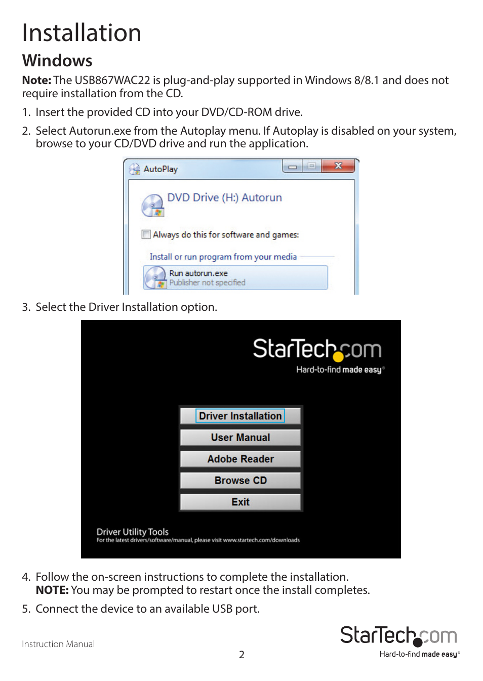 Installation, Windows | StarTech.com USB867WAC22 User Manual | Page 6 / 28