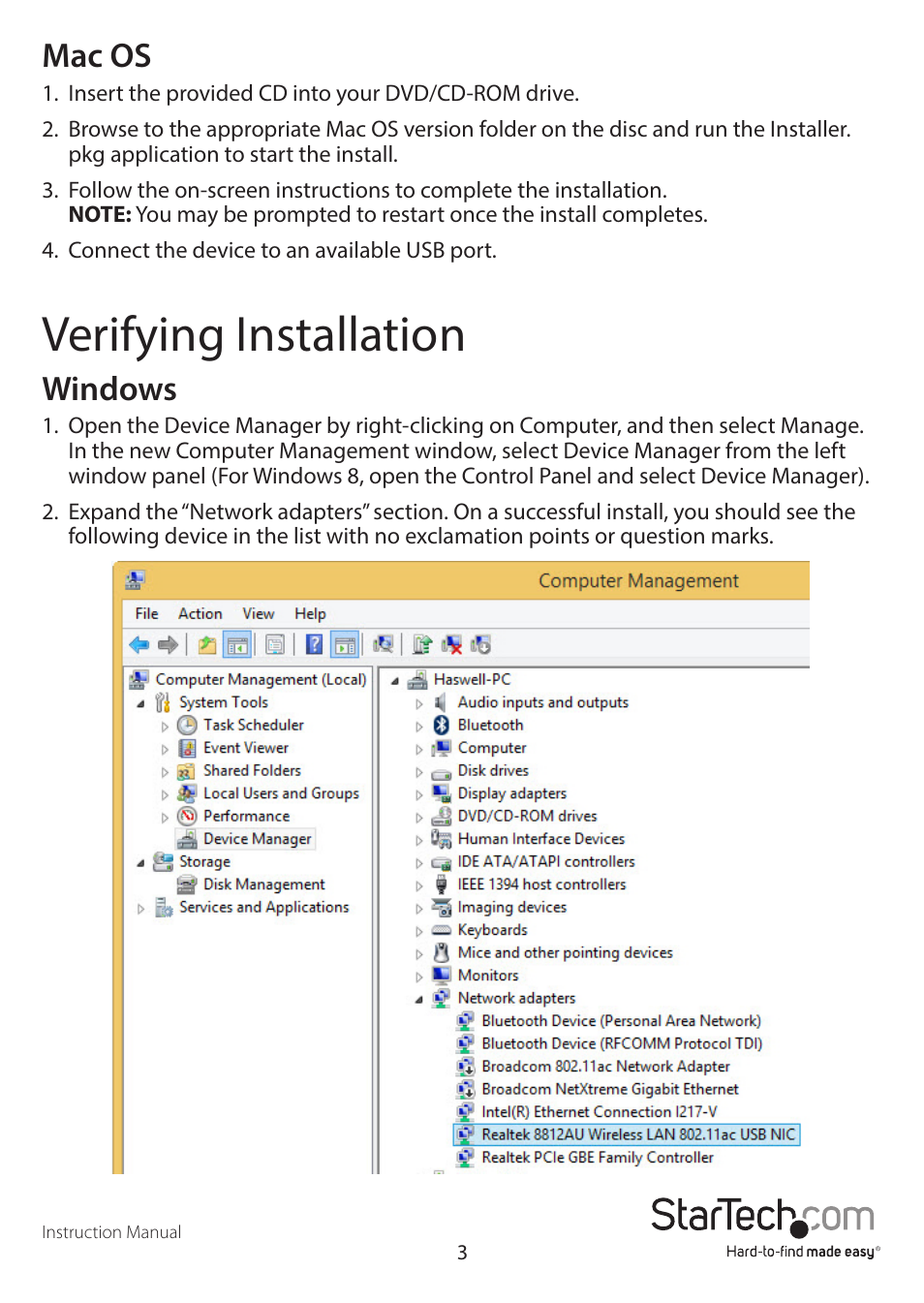 Verifying installation, Mac os, Windows | StarTech.com USB867WAC22 User Manual | Page 7 / 28