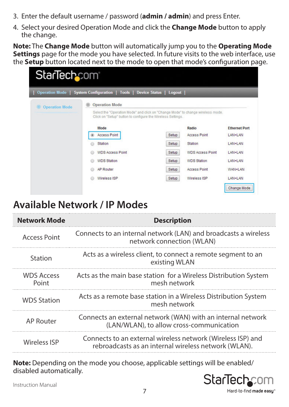 Available network / ip modes | StarTech.com R300WN22OP5E User Manual | Page 10 / 15