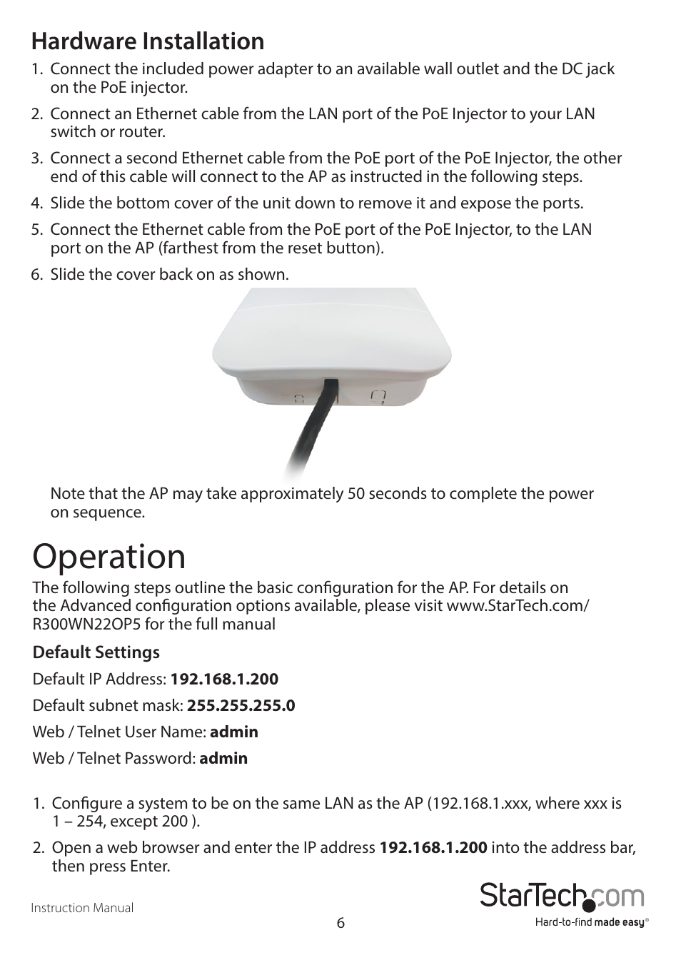 Operation, Hardware installation | StarTech.com R300WN22OP5E User Manual | Page 9 / 15
