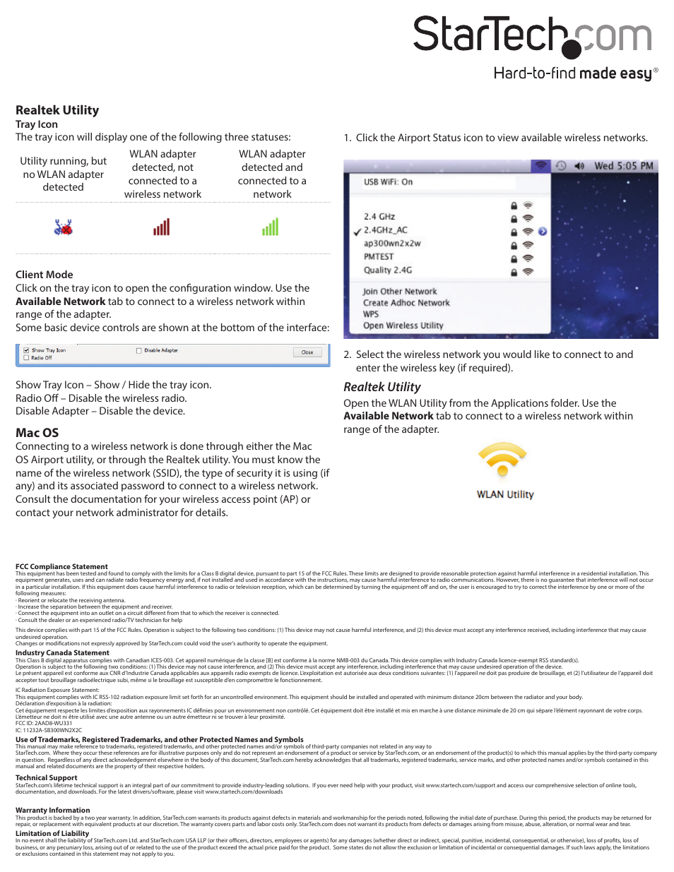 Realtek utility, Mac os | StarTech.com USB300WN2X2C Quick Start User Manual | Page 2 / 2