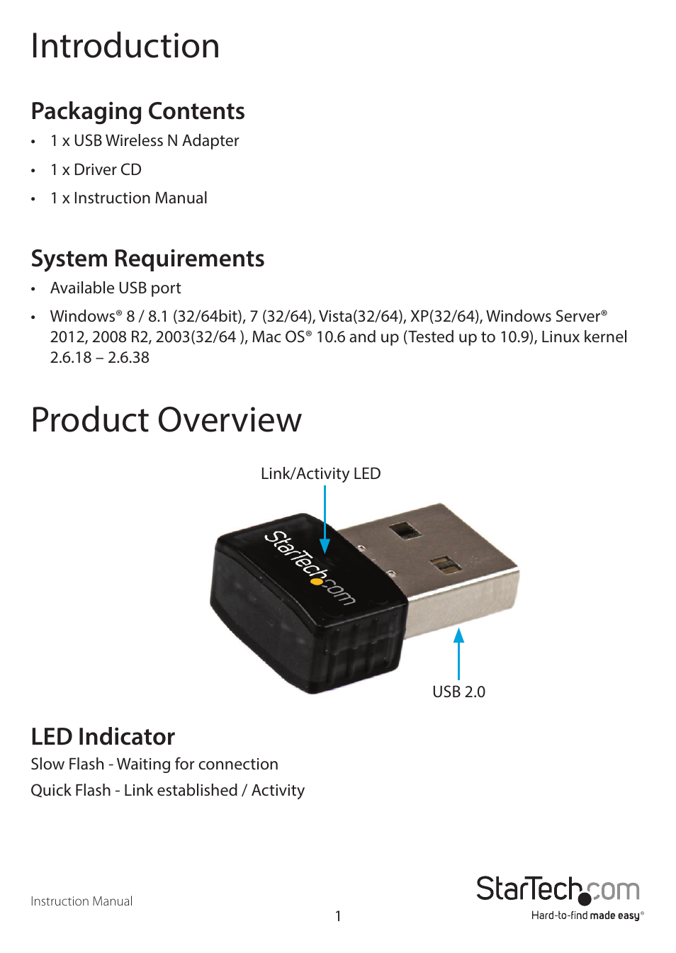 Introduction, Product overview, Packaging contents | System requirements, Led indicator | StarTech.com USB300WN2X2C Manual User Manual | Page 5 / 22