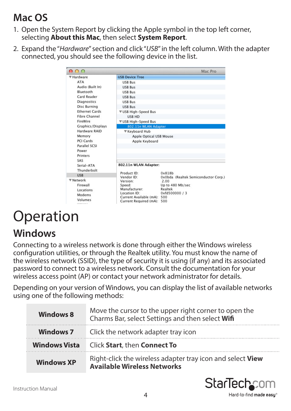 Operation, Mac os, Windows | StarTech.com USB300WN2X2C Manual User Manual | Page 8 / 22