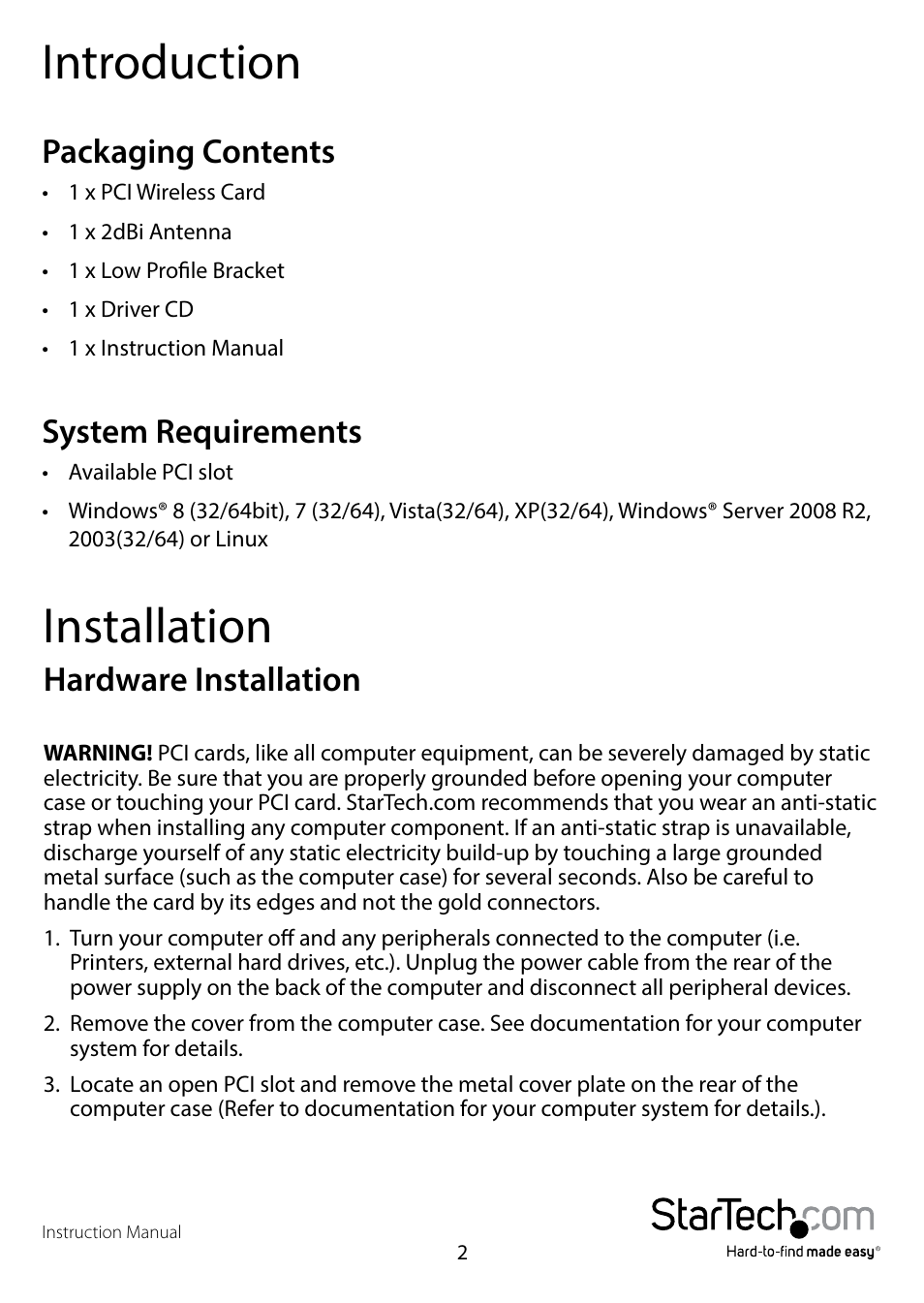 Introduction, Packaging contents, System requirements | Installation, Hardware installation, Packaging contents system requirements | StarTech.com PCI150WN1X1 User Manual | Page 5 / 11