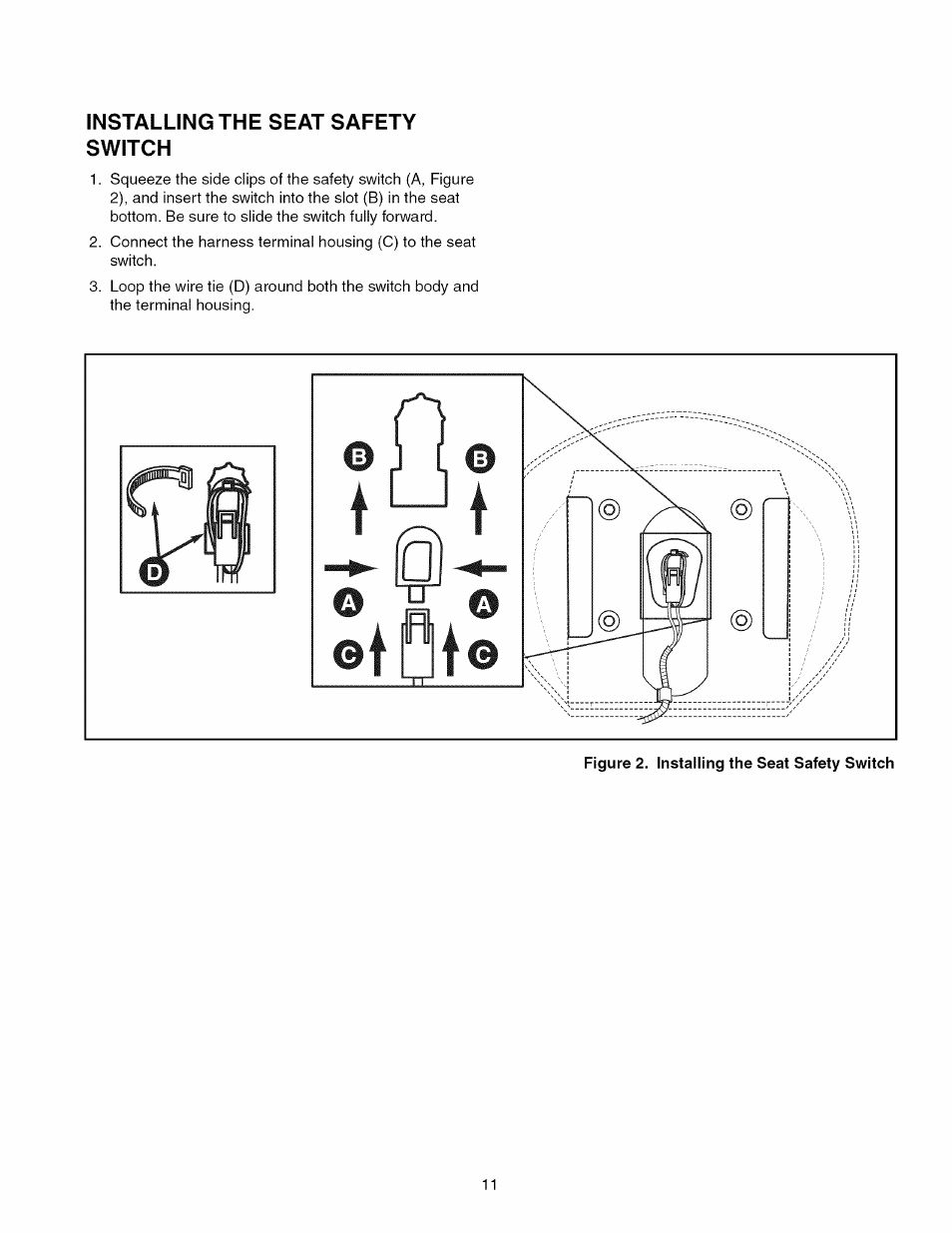 Installing the seat safety switch | Craftsman 107.289860 User Manual | Page 11 / 116