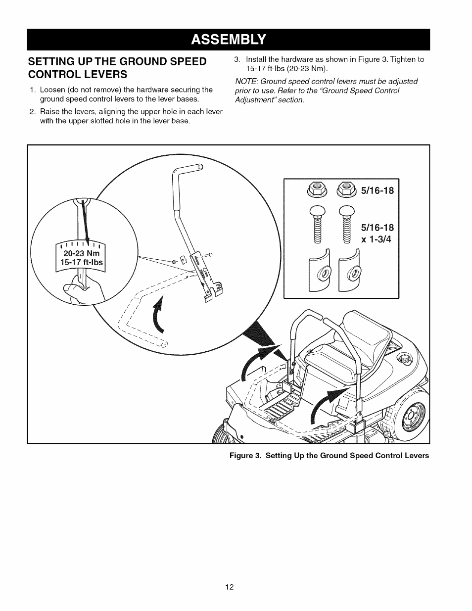 Setting upthe ground speed control levers, Assembly | Craftsman 107.289860 User Manual | Page 12 / 116