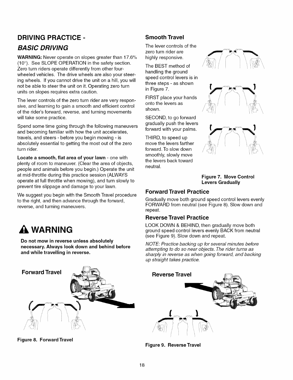 Driving practice - basic driving, Forward travel, Smooth travel | Figure 7. move control levers gradually, Forward travel practice, Reverse travel practice, Reverse travel, Figures. forward travel, Warning, Driving practice | Craftsman 107.289860 User Manual | Page 18 / 116