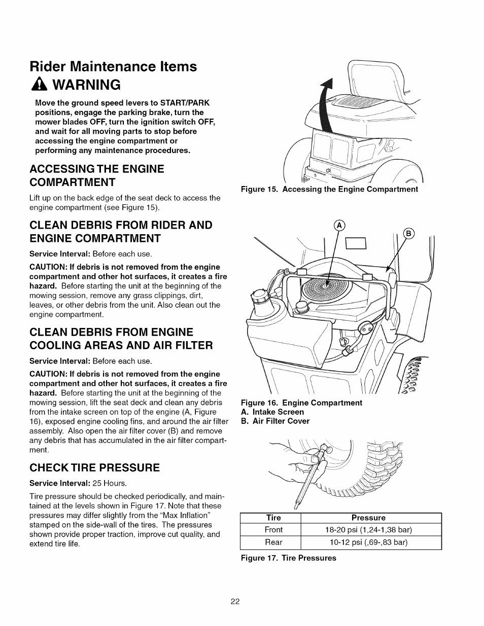 Accessing the engine compartment, Clean debris from rider and engine compartment, Checktire pressure | Rider maintenance items, Warning | Craftsman 107.289860 User Manual | Page 22 / 116