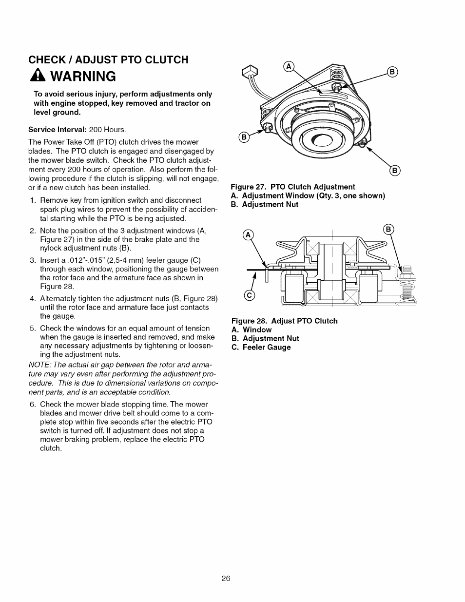 Check / adjust ptc clutch, Service interval: 200 hours, Warning | Craftsman 107.289860 User Manual | Page 26 / 116