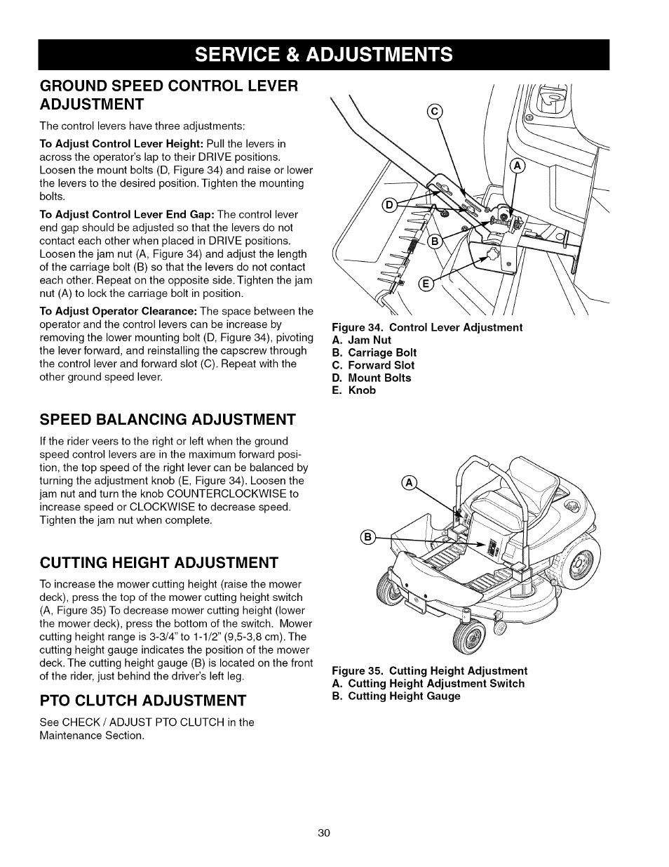 Ground speed control lever adjustment, Speed balancing adjustment, Cutting height adjustment | Pto clutch adjustment, Service & adjustments | Craftsman 107.289860 User Manual | Page 30 / 116