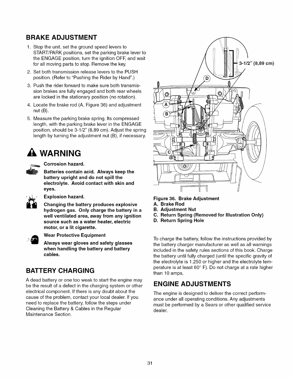 Brake adjustment, Corrosion hazard, Battery charging | Engine adjustments, Warning | Craftsman 107.289860 User Manual | Page 31 / 116