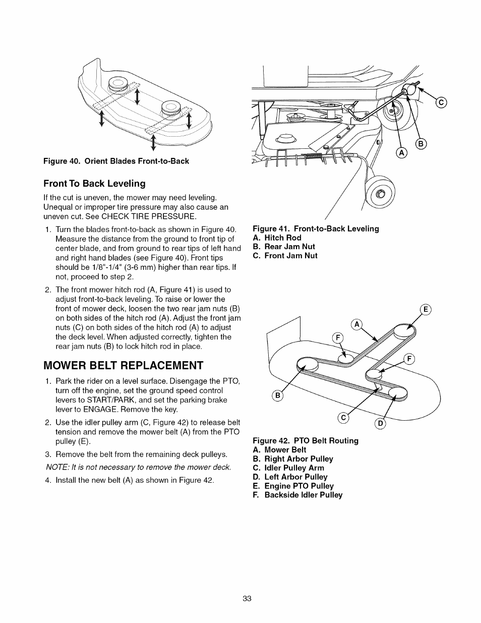 Front to back leveling, Mower belt replacement | Craftsman 107.289860 User Manual | Page 33 / 116