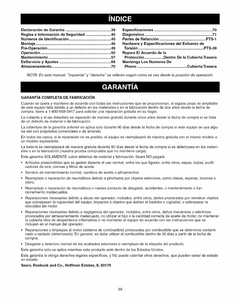 Indice, Garantia | Craftsman 107.289860 User Manual | Page 39 / 116