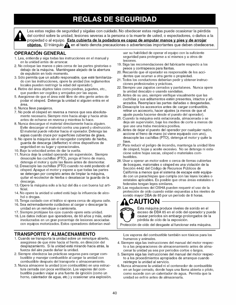 Caution, Reglas de seguridad | Craftsman 107.289860 User Manual | Page 40 / 116