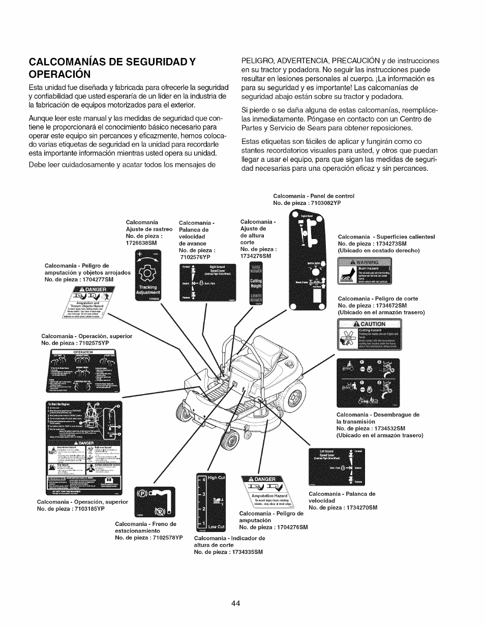 Calcomanias de seguridad y operación | Craftsman 107.289860 User Manual | Page 44 / 116