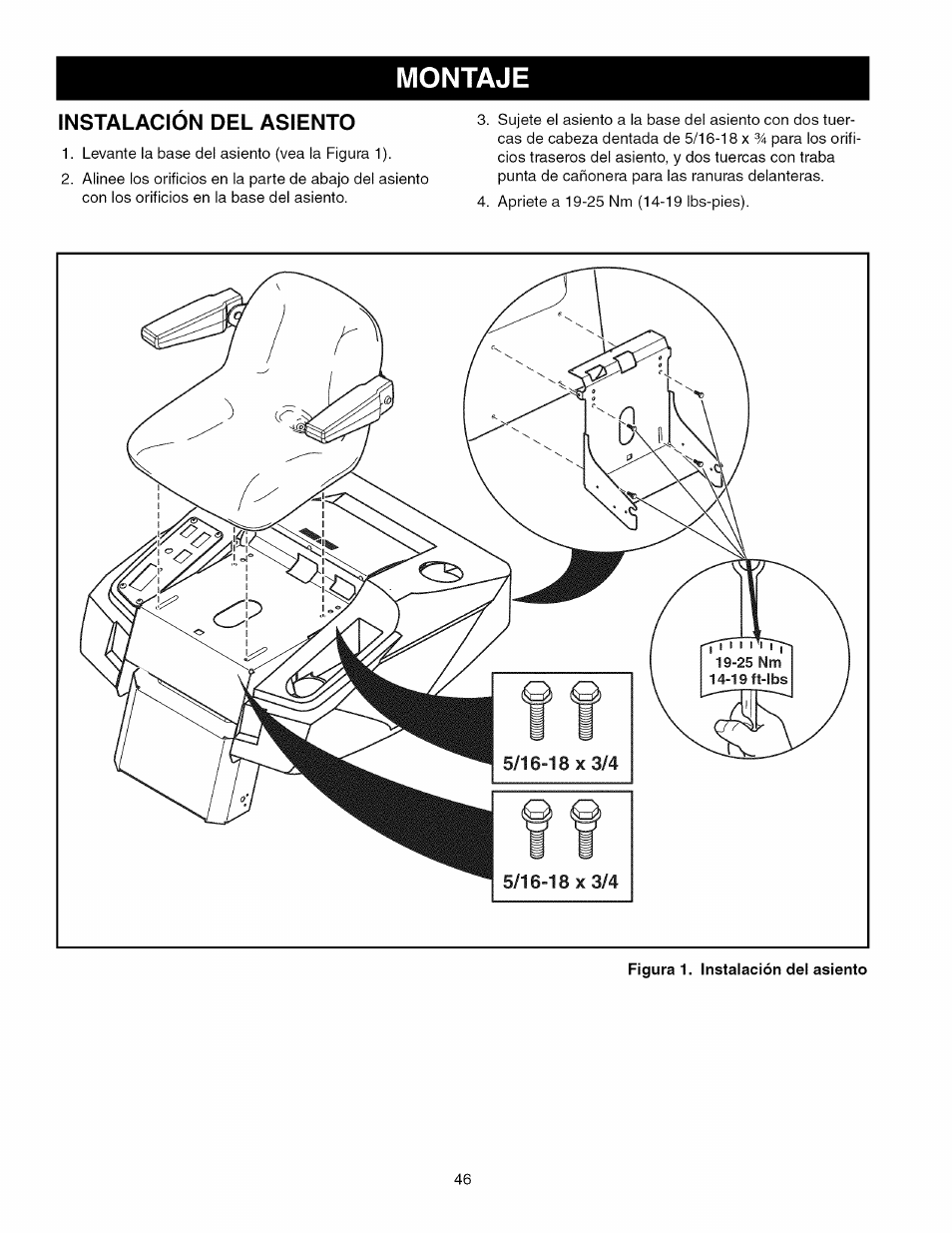 Instalacion del asiento, Figurai. instalación del asiento, Montaje | Craftsman 107.289860 User Manual | Page 46 / 116