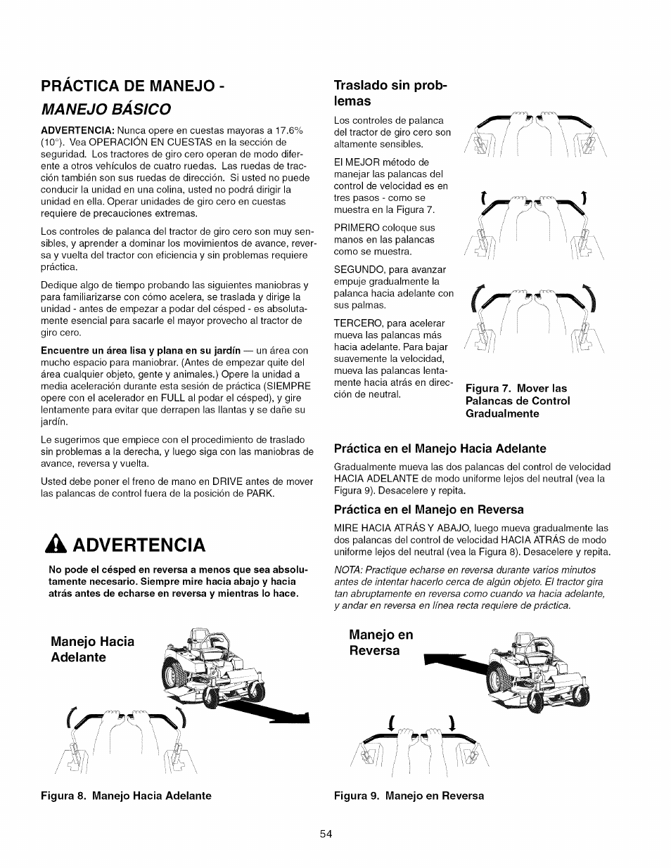 Practica de manejo - manejo básico, Advertencia, Practica de manejo | Traslado sin prob­ lemas, Manejo hacia adelante manejo en reversa, Manejo básico | Craftsman 107.289860 User Manual | Page 54 / 116