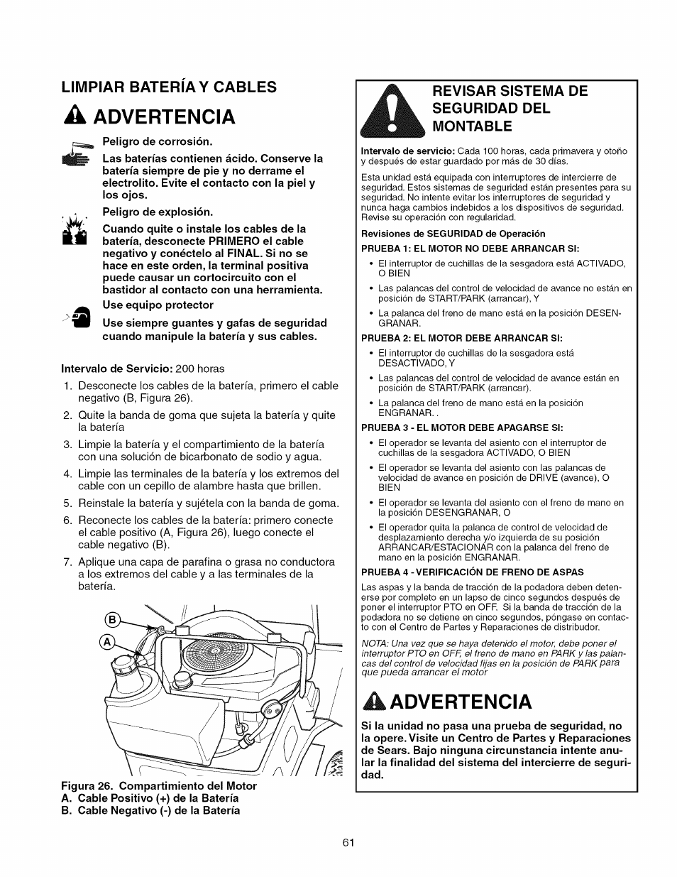 Limpiar batería y cables, Peligro de corrosión, Intervalo de servicio: 200 horas | Figura 26. compartimiento del motor, Advertencia, A advertencia, Revisar sistema de seguridad del montadle | Craftsman 107.289860 User Manual | Page 61 / 116