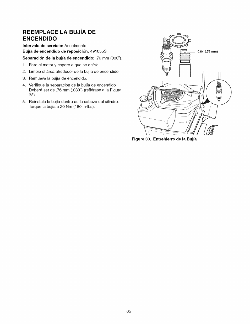 Reemplace la bujia de encendido, Intervalo de servicio: anualmente | Craftsman 107.289860 User Manual | Page 65 / 116