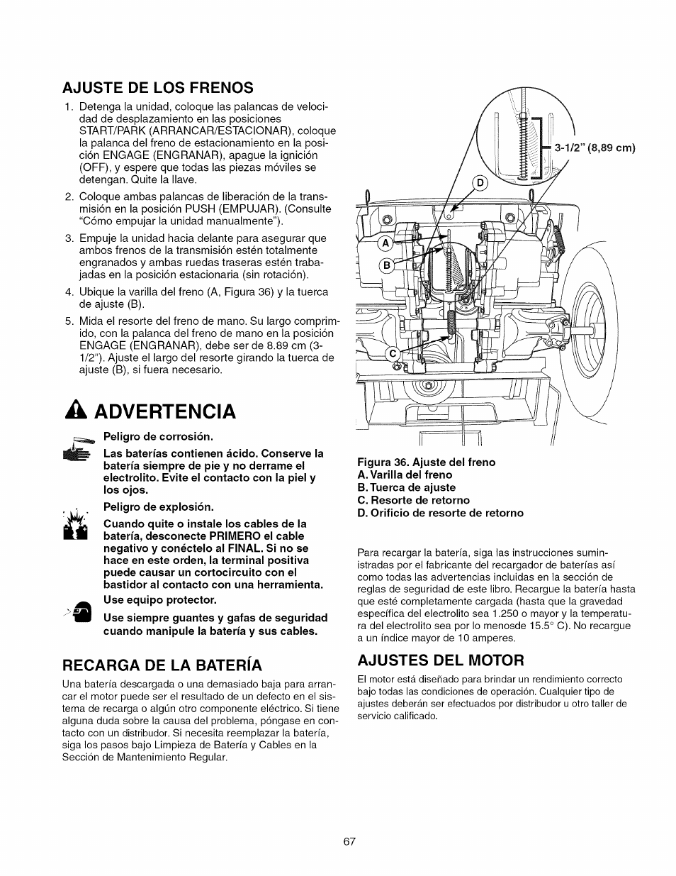 Ajuste de los frenos, Peligro de corrosión, Recarga de la bateria | Figura 36. ajuste del freno, Ajustes del motor, Advertencia | Craftsman 107.289860 User Manual | Page 67 / 116