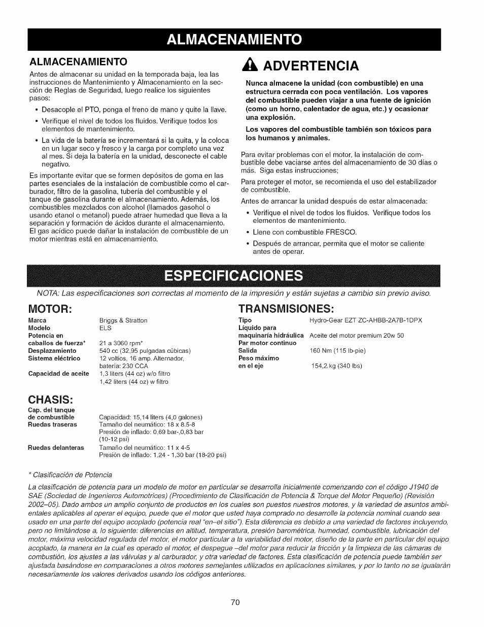 Almacenamiento, Advertencia, Especificaciones | Motor: transmisiones, Chasis | Craftsman 107.289860 User Manual | Page 70 / 116