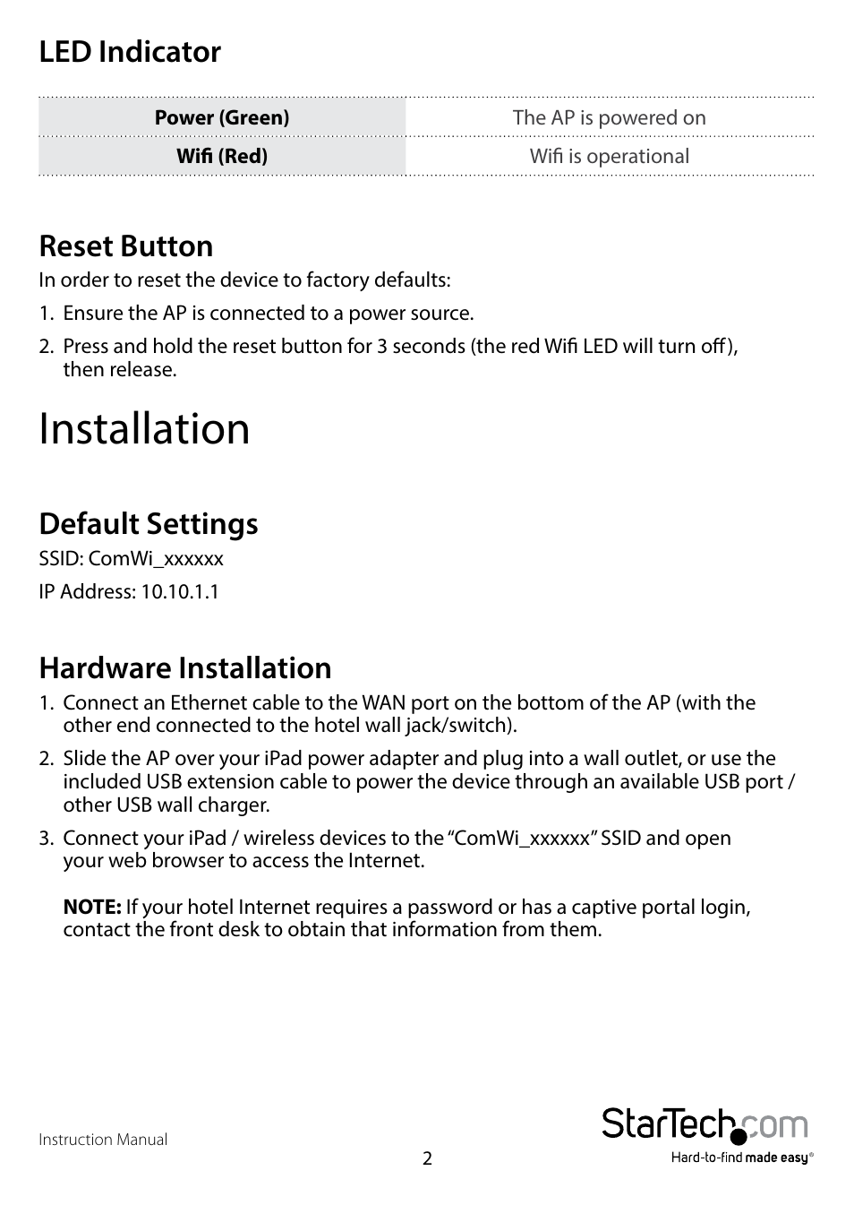 Led indicator, Reset button, Installation | Default settings, Hardware installation, Led indicator reset button, Default settings hardware installation | StarTech.com R150WN1X1T User Manual | Page 6 / 12