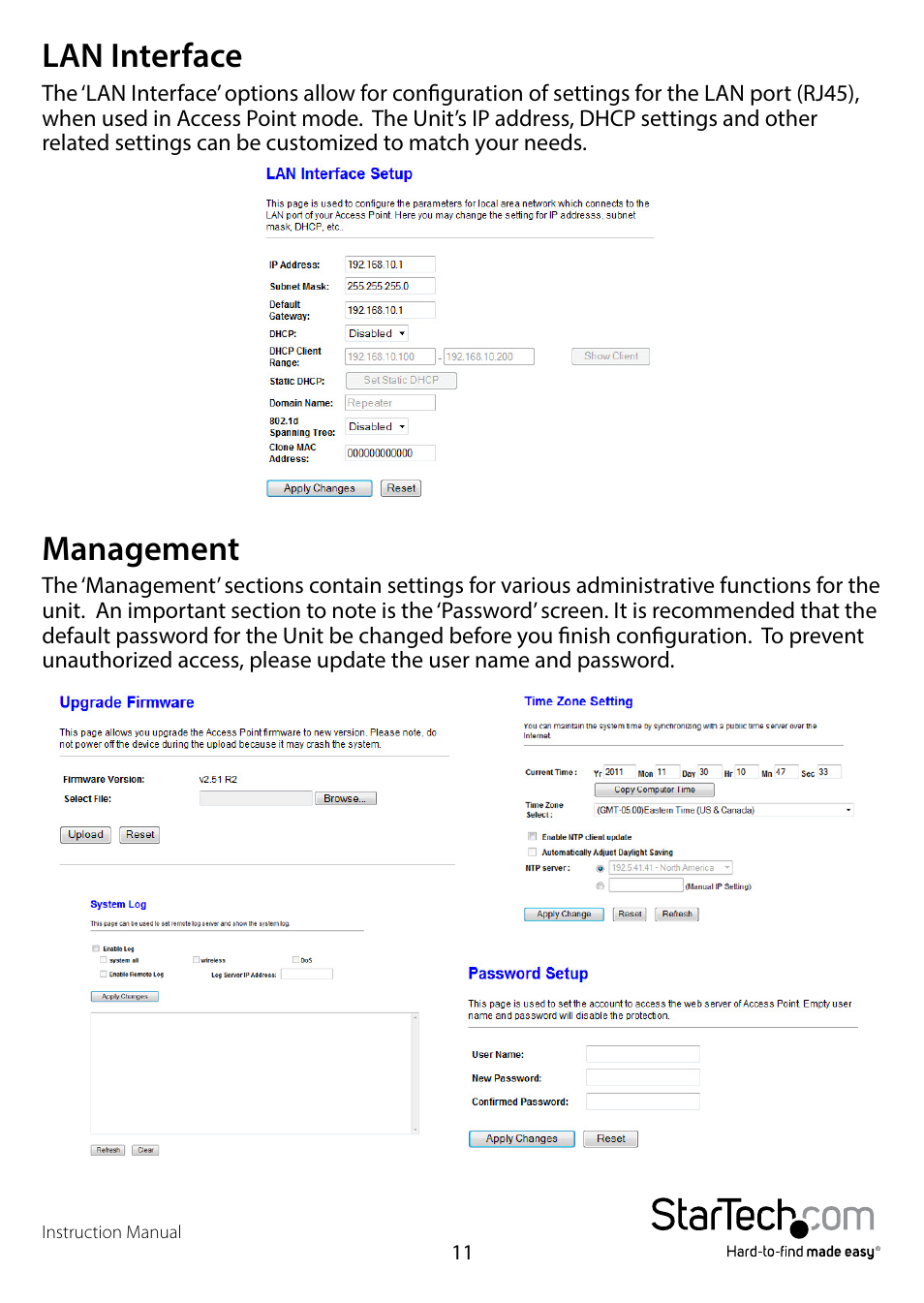 Lan interface, Management, Lan interface management | StarTech.com WFREPEAT300N User Manual | Page 14 / 18