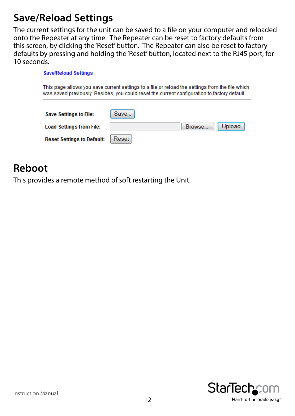Save/reload settings, Reboot, Save/reload settings reboot | StarTech.com WFREPEAT300N User Manual | Page 15 / 18