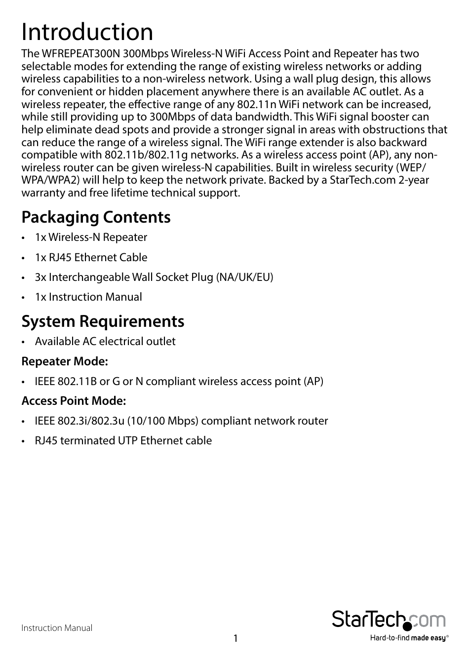 Introduction, Packaging contents, System requirements | Packaging contents system requirements | StarTech.com WFREPEAT300N User Manual | Page 4 / 18