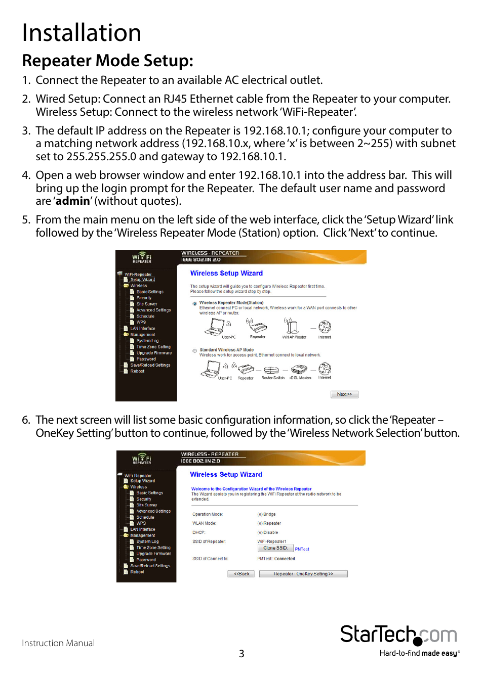Installation, Repeater mode setup | StarTech.com WFREPEAT300N User Manual | Page 6 / 18