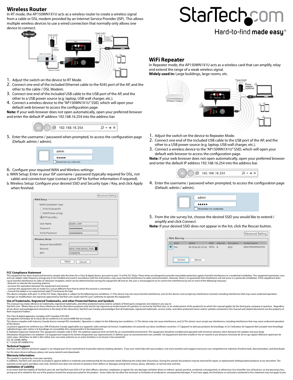 Wireless router, Wifi repeater | StarTech.com AP150WN1X1U User Manual | Page 2 / 2