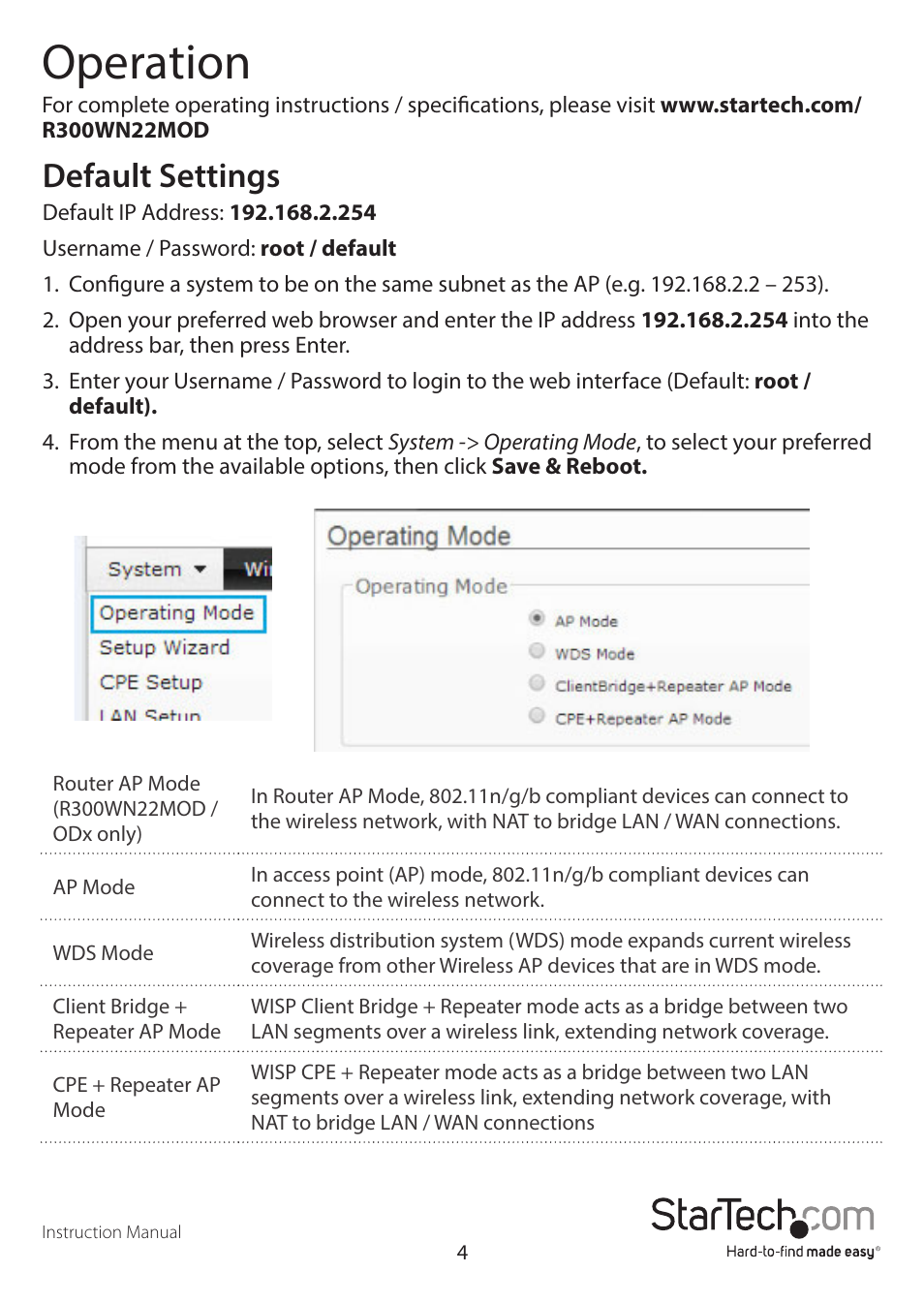 Operation, Default settings | StarTech.com R300WN22MO5E User Manual | Page 9 / 15