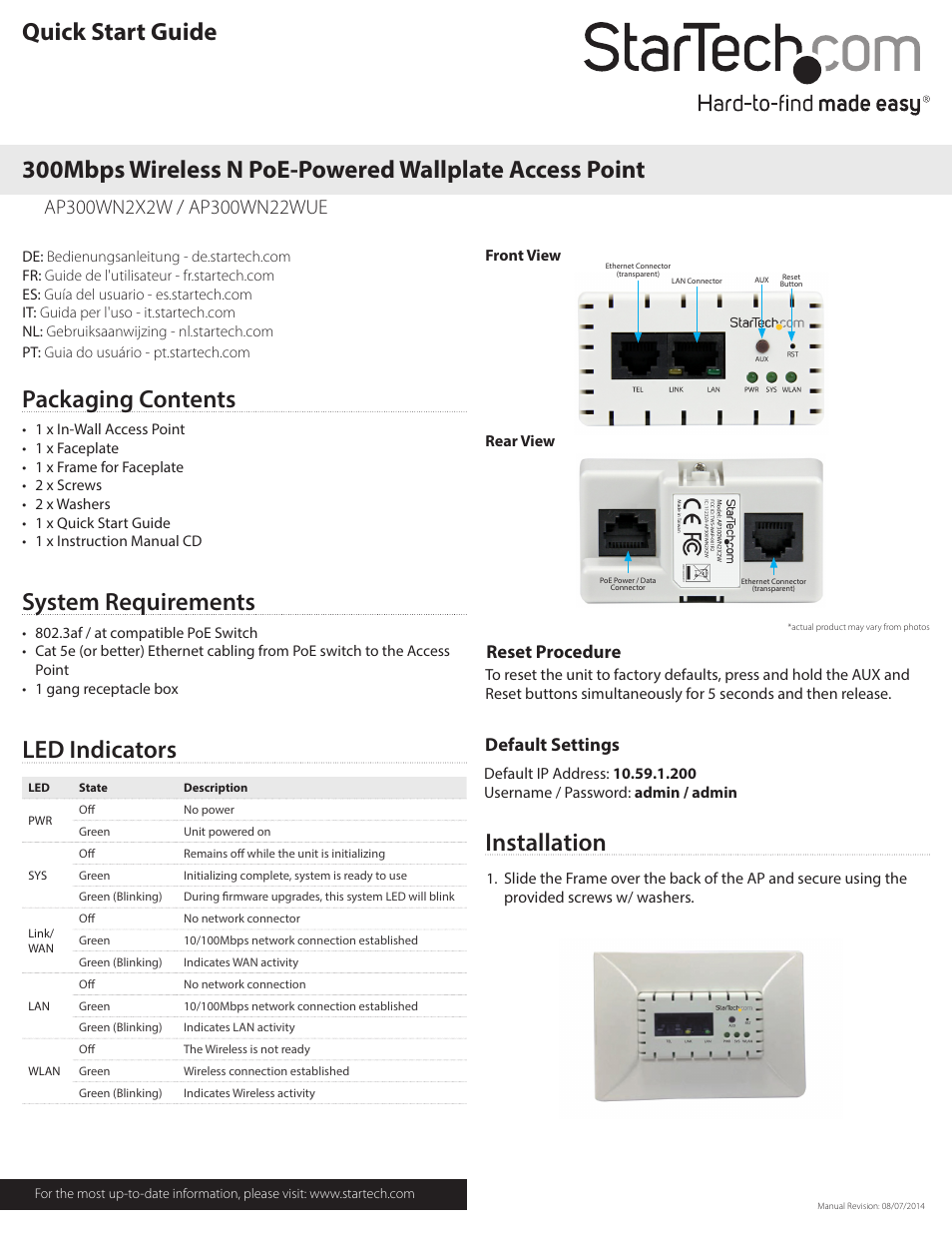 StarTech.com AP300WN22WUE User Manual | 2 pages