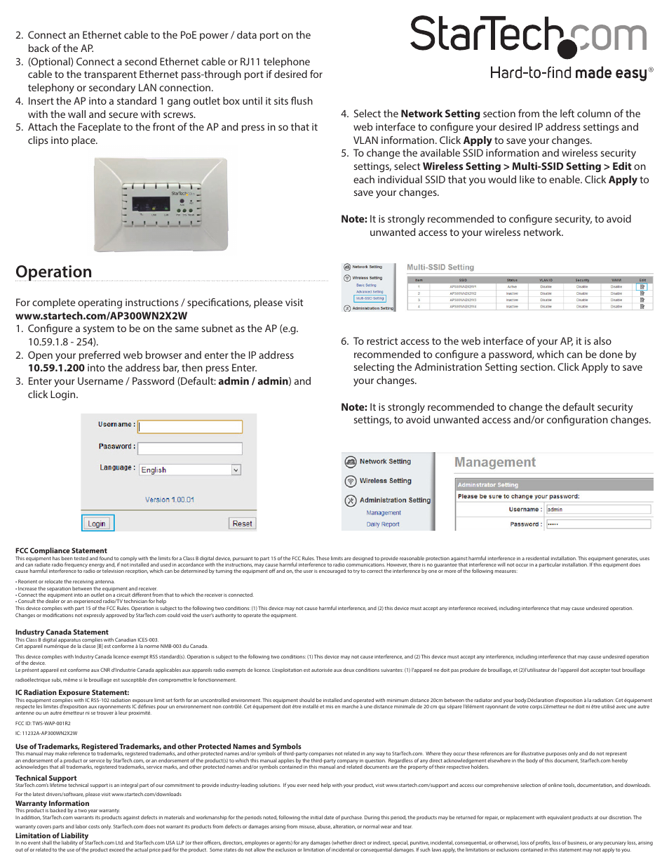 Operation | StarTech.com AP300WN22WUE User Manual | Page 2 / 2