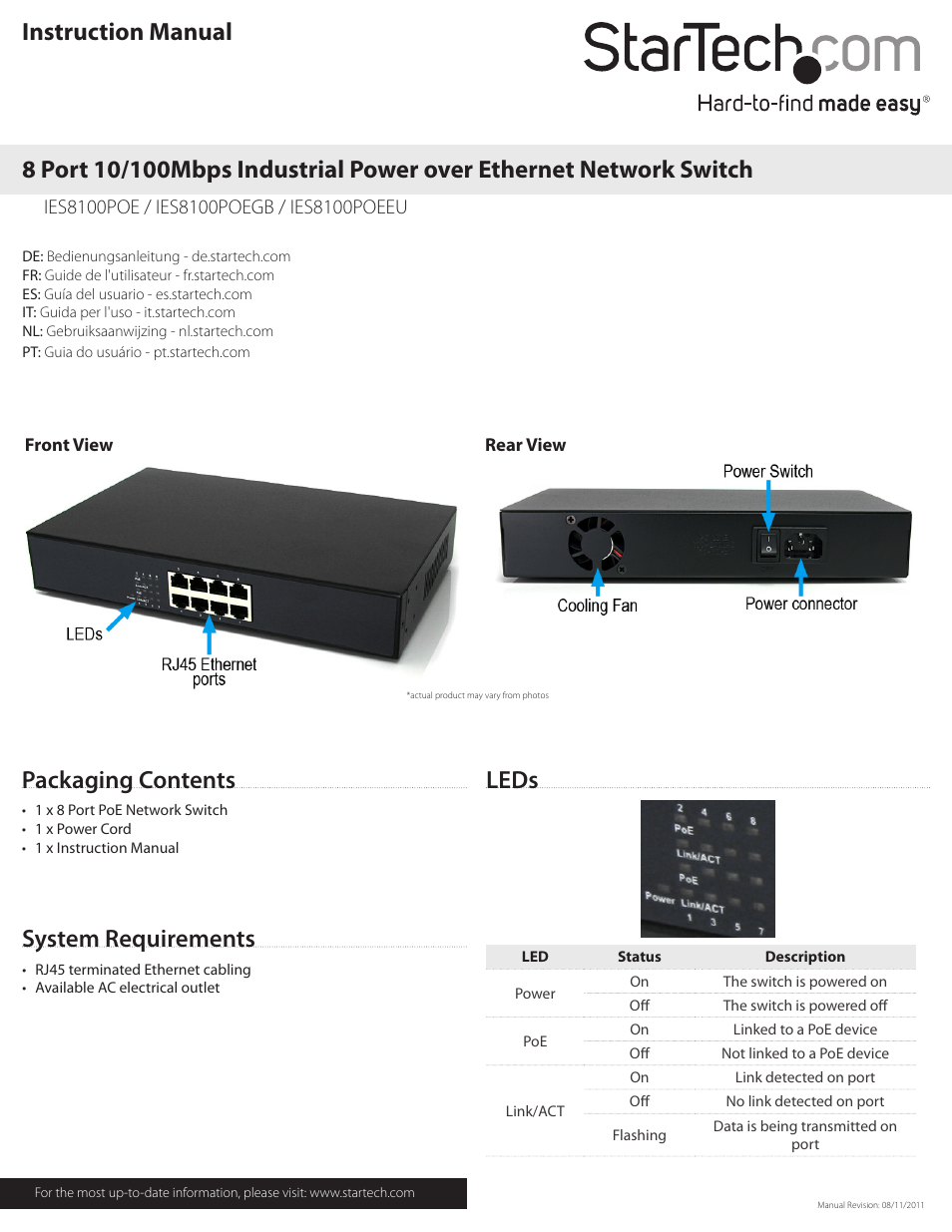 StarTech.com IES8100POEEU User Manual | 2 pages