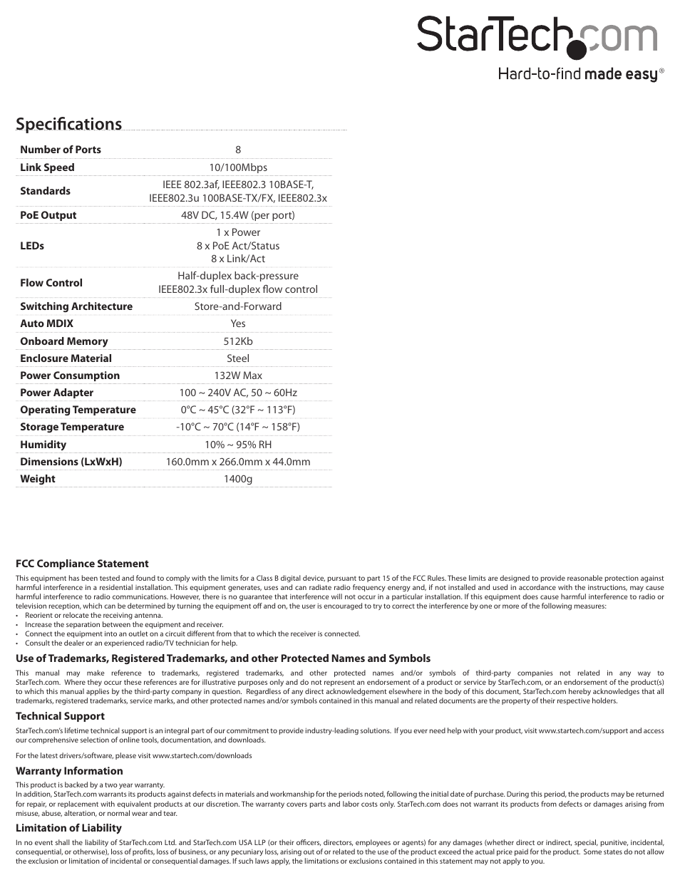 Specifications | StarTech.com IES8100POEEU User Manual | Page 2 / 2