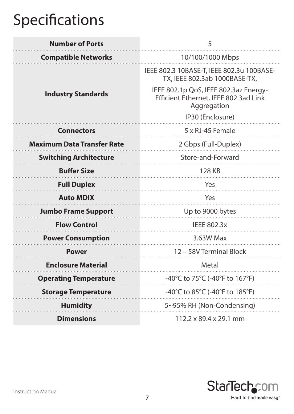 Specifications | StarTech.com IES51000 User Manual | Page 10 / 12