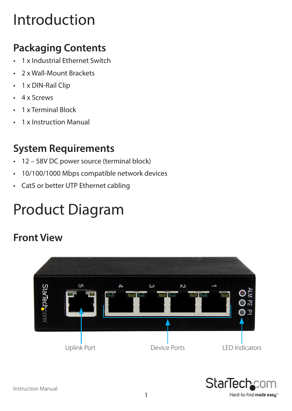 Introduction, Product diagram, Packaging contents | System requirements, Front view | StarTech.com IES51000 User Manual | Page 4 / 12