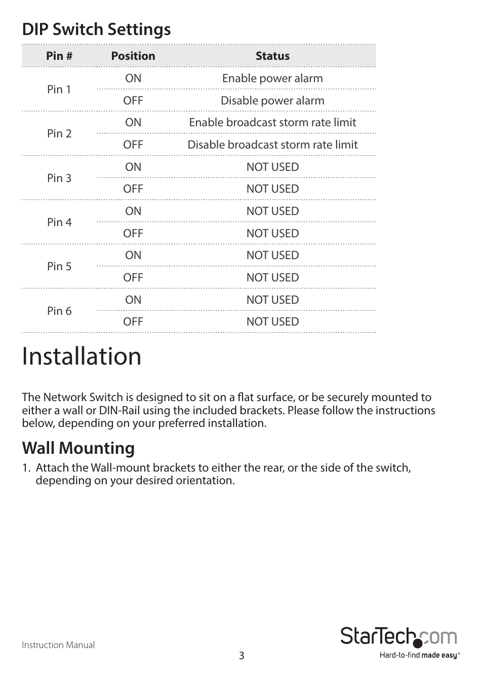 Installation, Dip switch settings, Wall mounting | StarTech.com IES51000 User Manual | Page 6 / 12