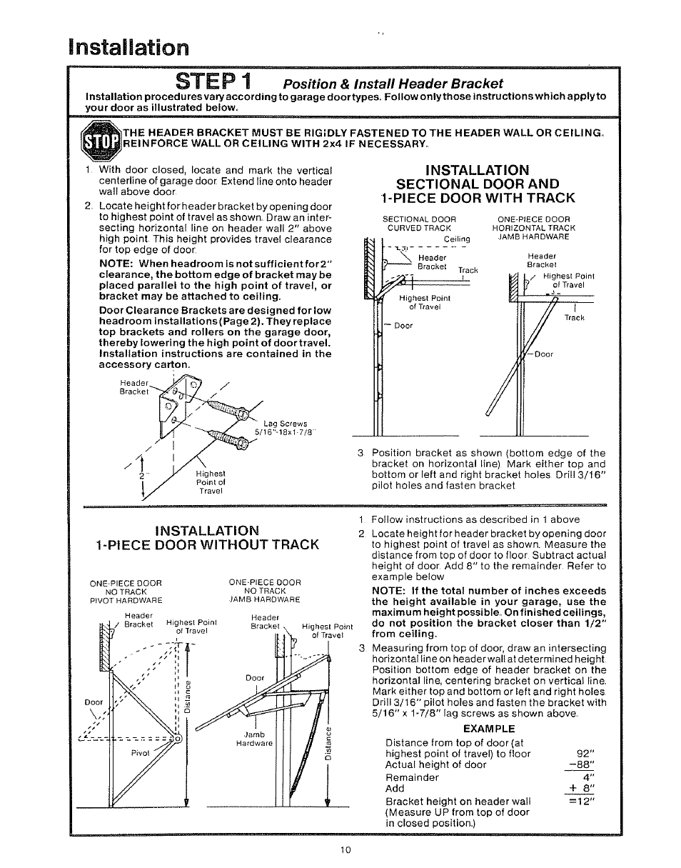 Installation ste p 1, Position & instali header bracket | Craftsman 139.53403 User Manual | Page 10 / 24