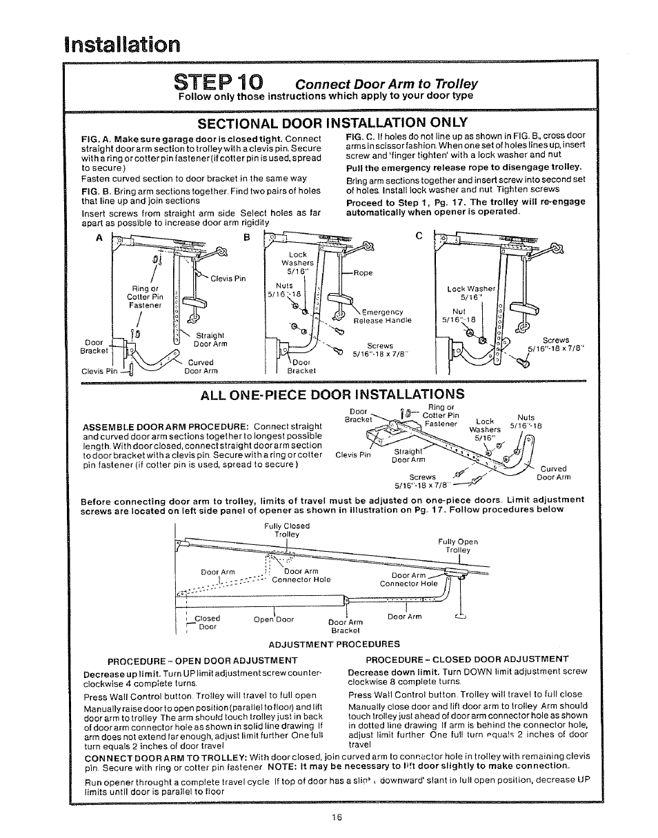 Installation step 10, Connect door arm to trolley | Craftsman 139.53403 User Manual | Page 16 / 24