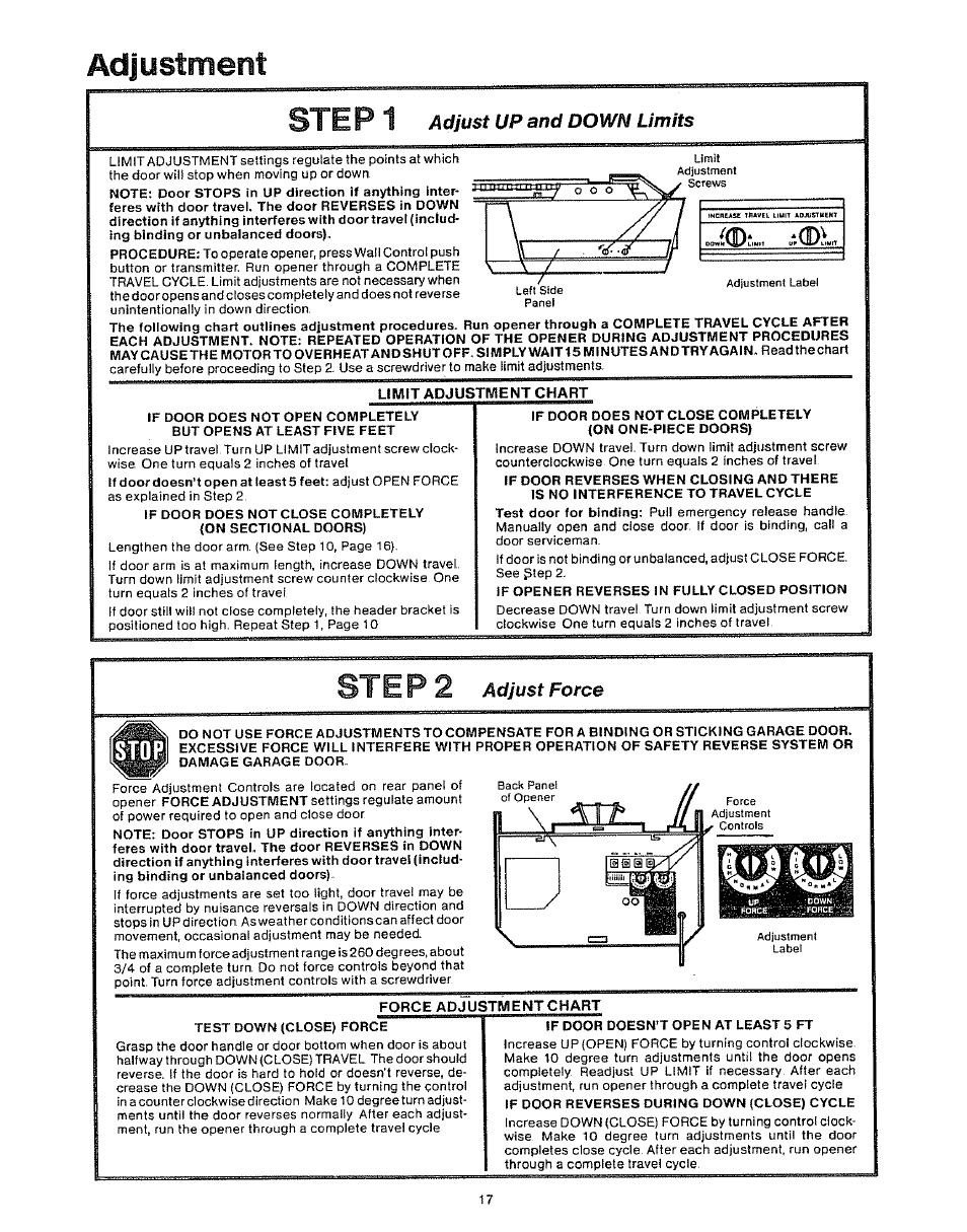 Adjustment ste p 1, Step 2, Adjust up and down limits | Adjust force | Craftsman 139.53403 User Manual | Page 17 / 24