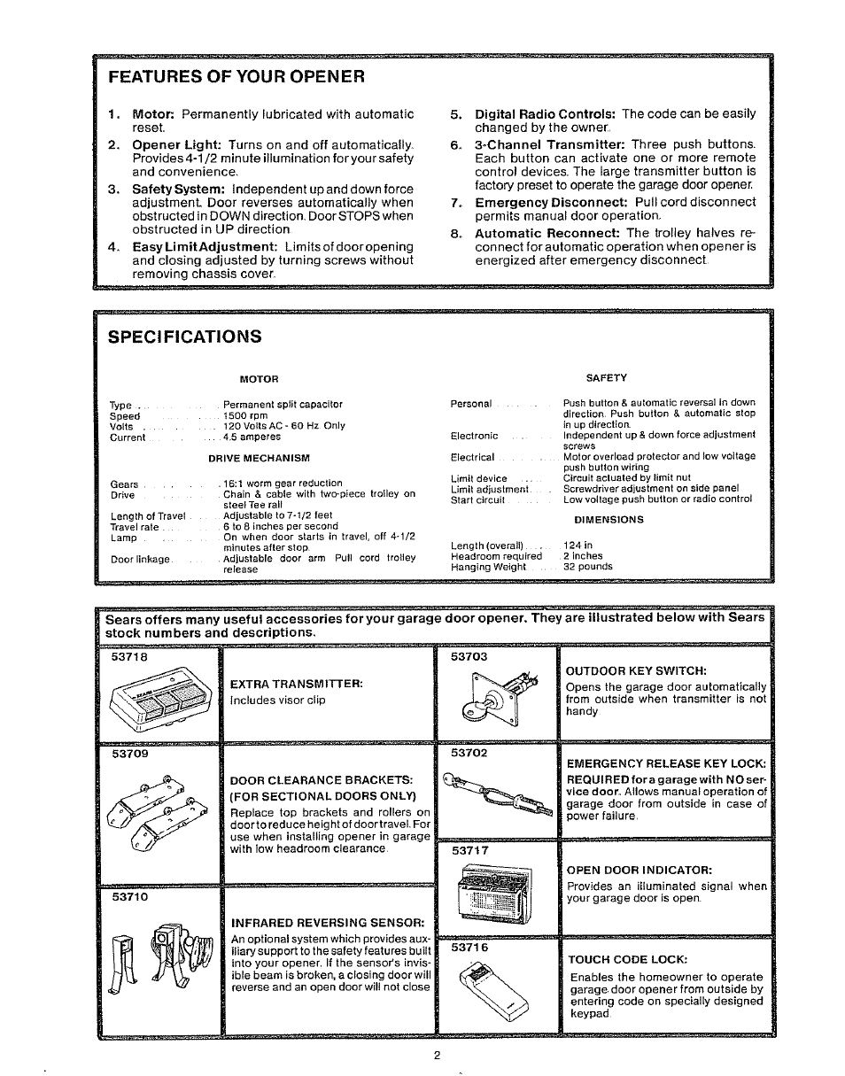 Features of your opener, Specificatlons, Specifications | Craftsman 139.53403 User Manual | Page 2 / 24
