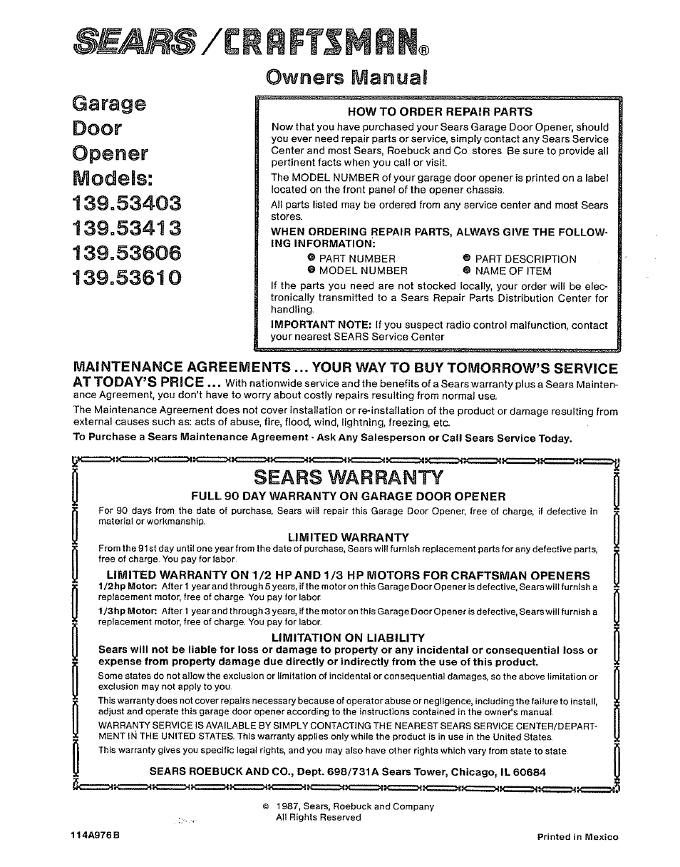 Sears/crrftsmflh, Sears/crrftsmflh. garage door, Owners manual | Opener, Sears warranty | Craftsman 139.53403 User Manual | Page 24 / 24