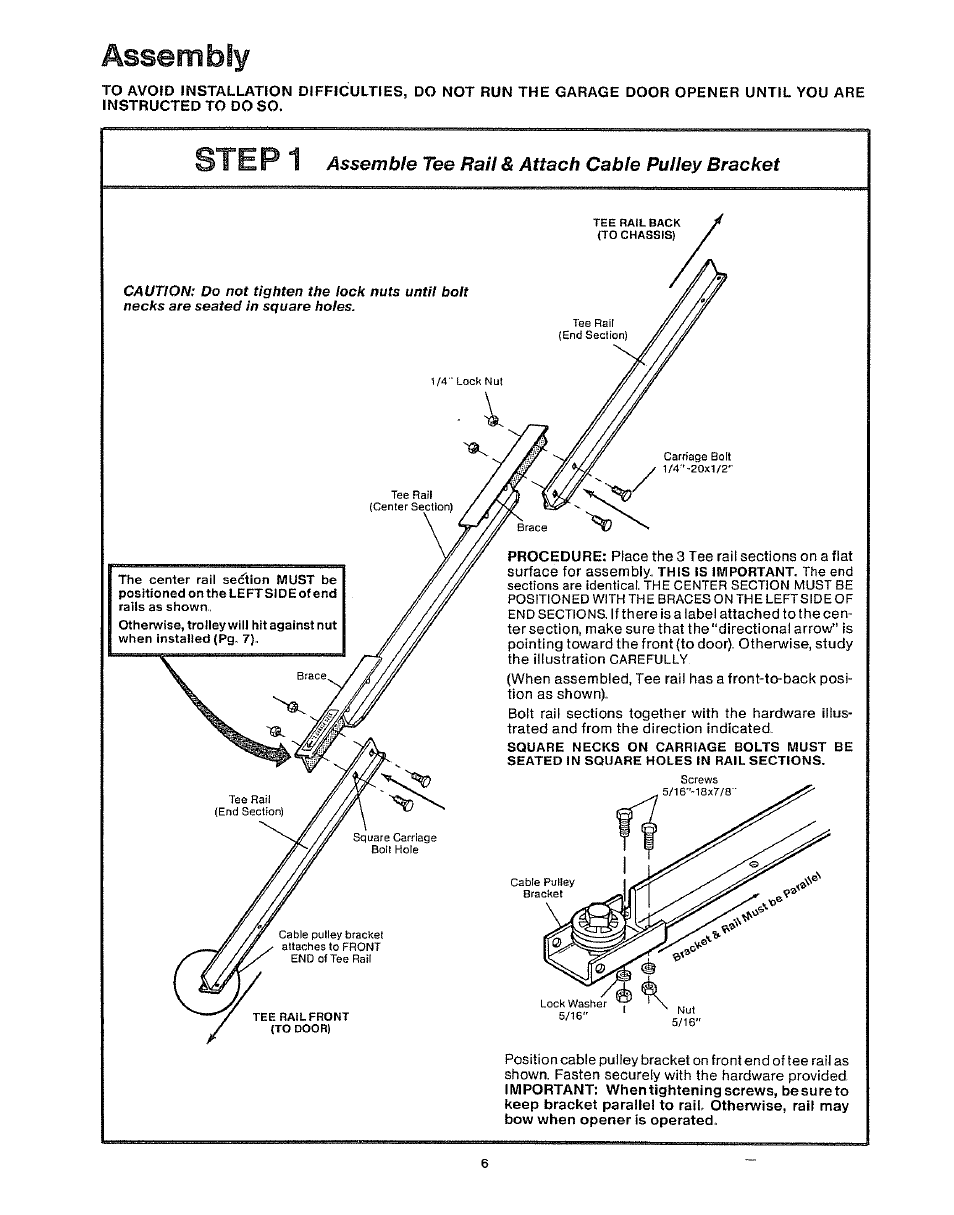 Assembly, Assemble tee rail & attach cable pulley bracket | Craftsman 139.53403 User Manual | Page 6 / 24