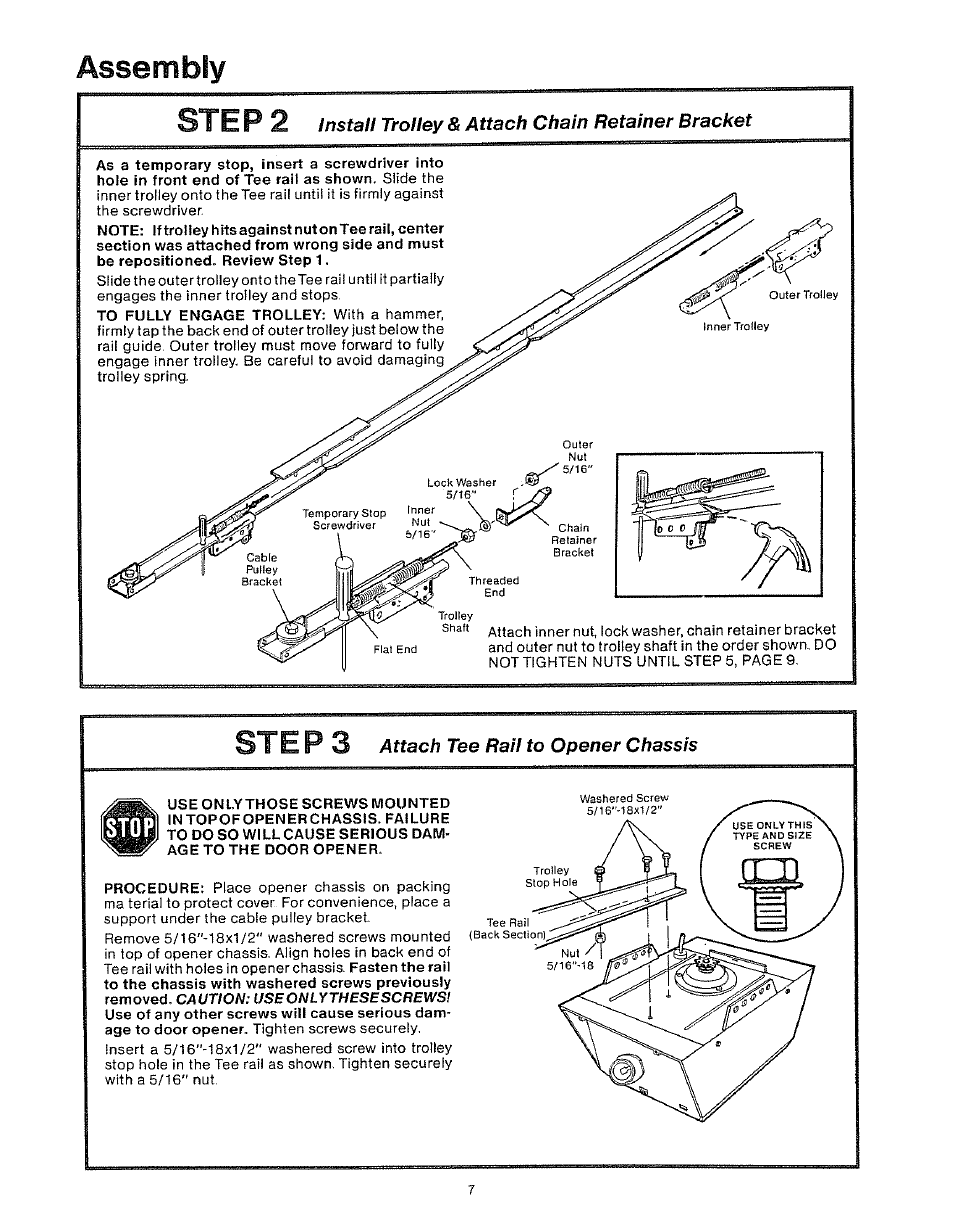 Assembly step 2, Steps, Install trolley & attach chain retainer bracket | Attach tee rail to opener chassis | Craftsman 139.53403 User Manual | Page 7 / 24